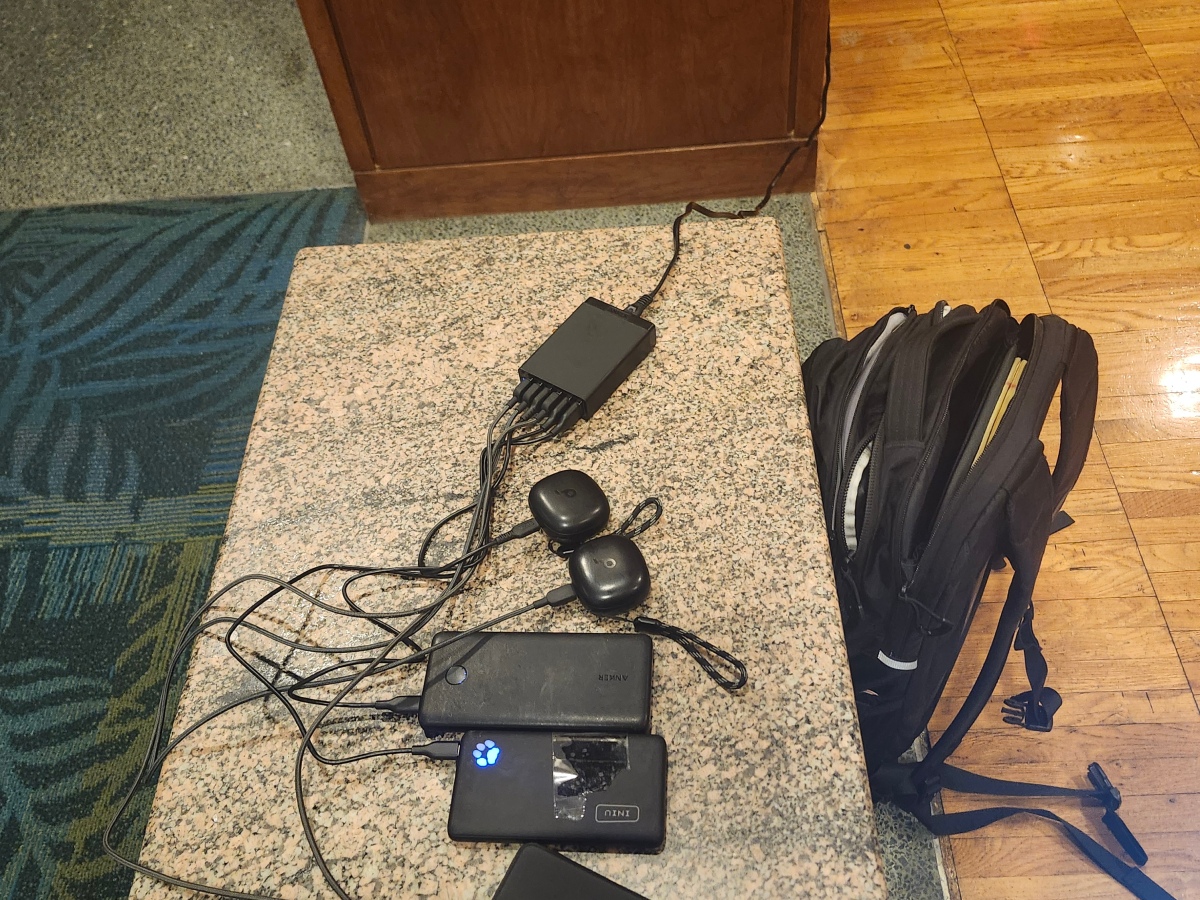 A security guard in the Baruch College library told me I was creating a fire hazard by charging my devices on April 30, 2024, at about 8:35 PM.